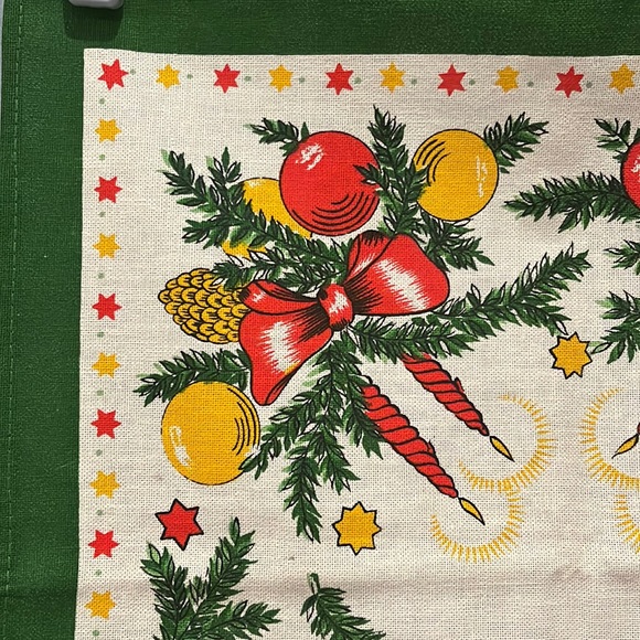 Colorful Christmas Table Runner Candles, Bows, Ornaments Pine Boughs/Cones Stars - Picture 3 of 16